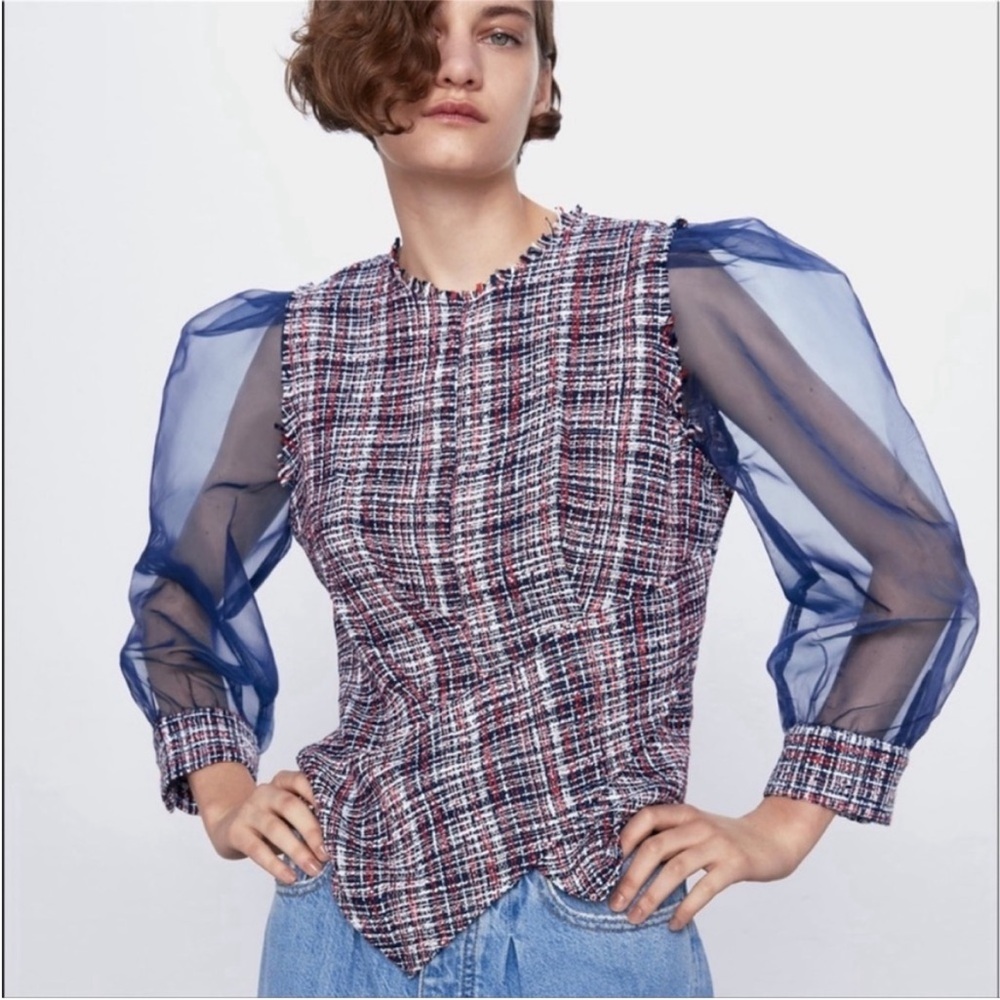 Zara blouse blue red tweed plaid asymmetrical puff sleeves sheer